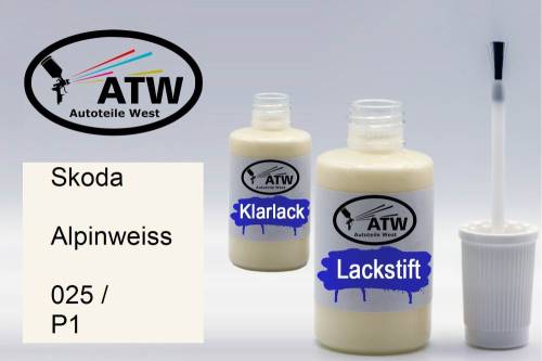 Skoda, Alpinweiss, 025 / P1: 20ml Lackstift + 20ml Klarlack - Set, von ATW Autoteile West.